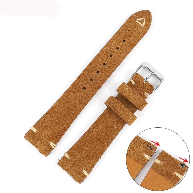 Genuine suede leather watch strap in brown, blue, gray, and Army Green colours for 20mm and 22mm watches