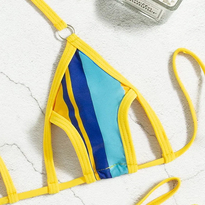 Yellow women's split swimsuit with hollow neck-hanging style and high waist design
