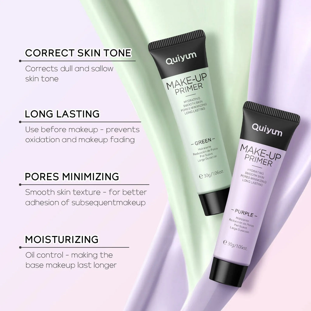 30g colour-correcting makeup primer cream in green, pink, purple, and natural shades