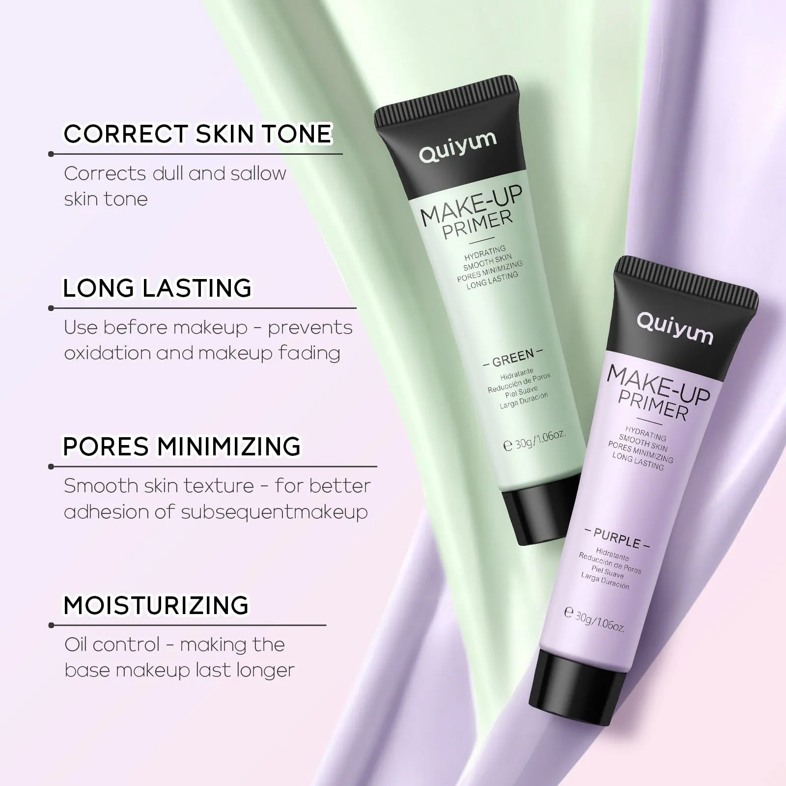 30g colour-correcting makeup primer cream in green, pink, purple, and natural shades