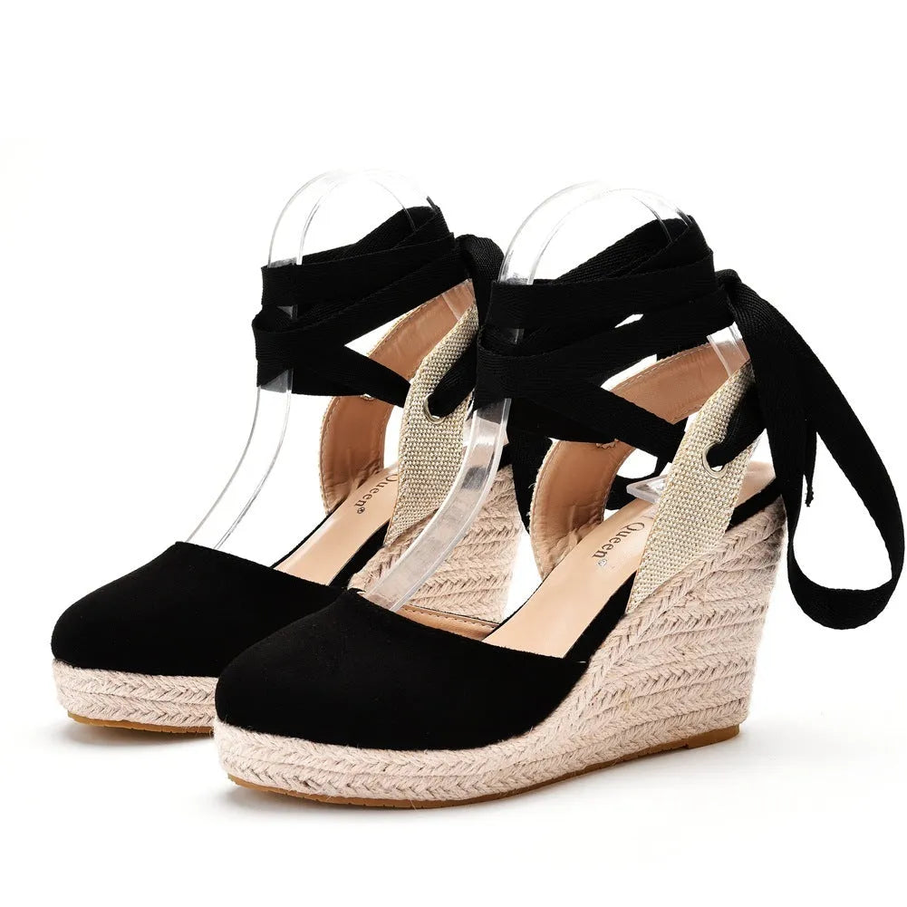 Women's round toe platform wedge sandals with buckle closure and beaded tassels on artificial PU upper