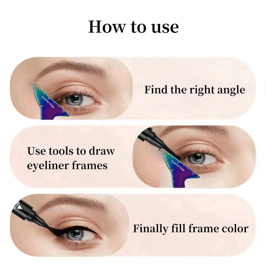 Three plastic eyeliner stencils for hooded eyes showing winged eyeliner, eyebrow, and contouring templates