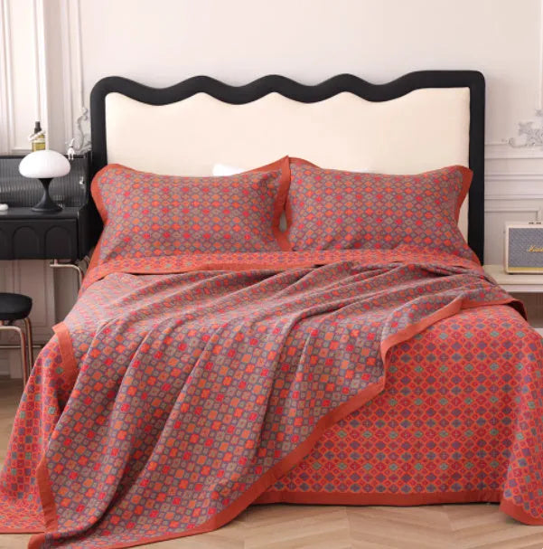 Cotton gauze three-piece bedding set with floral plant pattern including blanket and two pillowcases