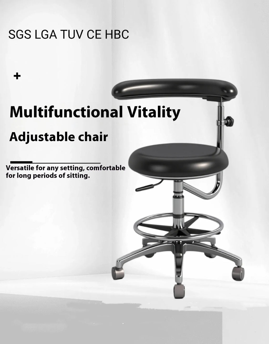 Black leather dental hospital chair lift for dentist and nurse clinical seating