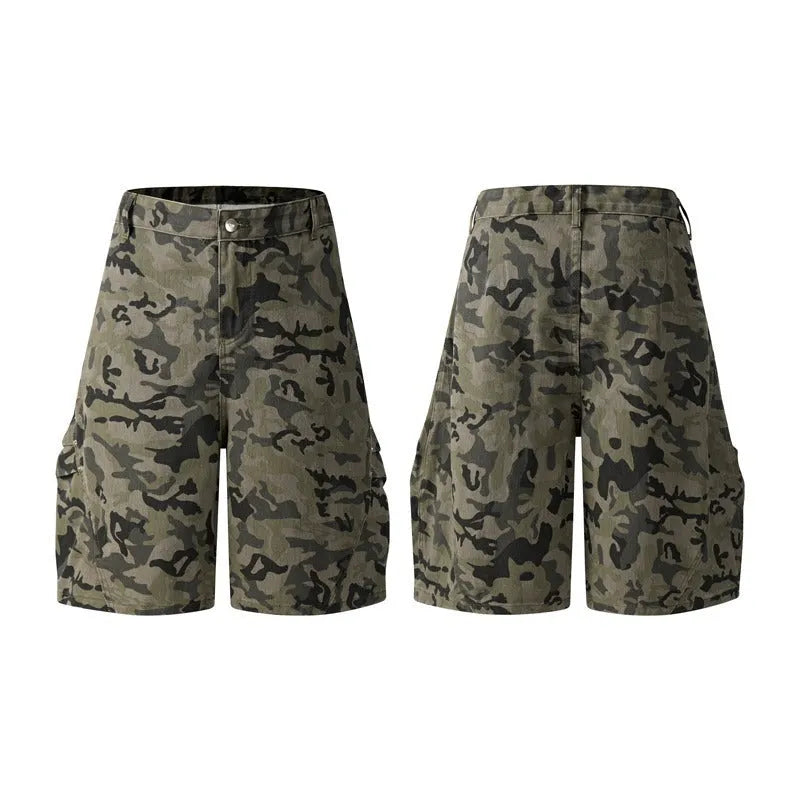 Loose fit retro shorts in washed cotton cloth, shown in grey, green, camouflage, and blue colour options.