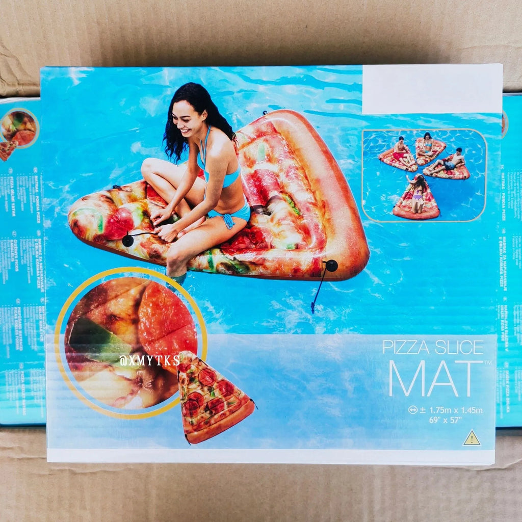 Pizza-themed inflatable surfboard recliner measuring 175cm by 145cm for pool lounging