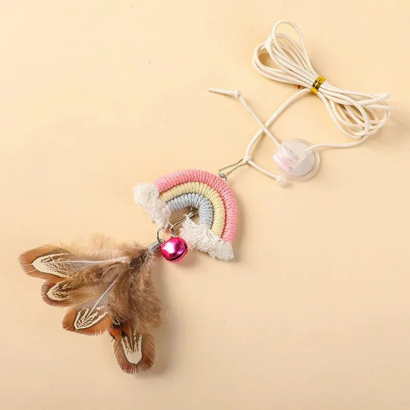Feather cat rope door hanging toy with elastic swing and sticky buckle clamp in blue, green, or pink