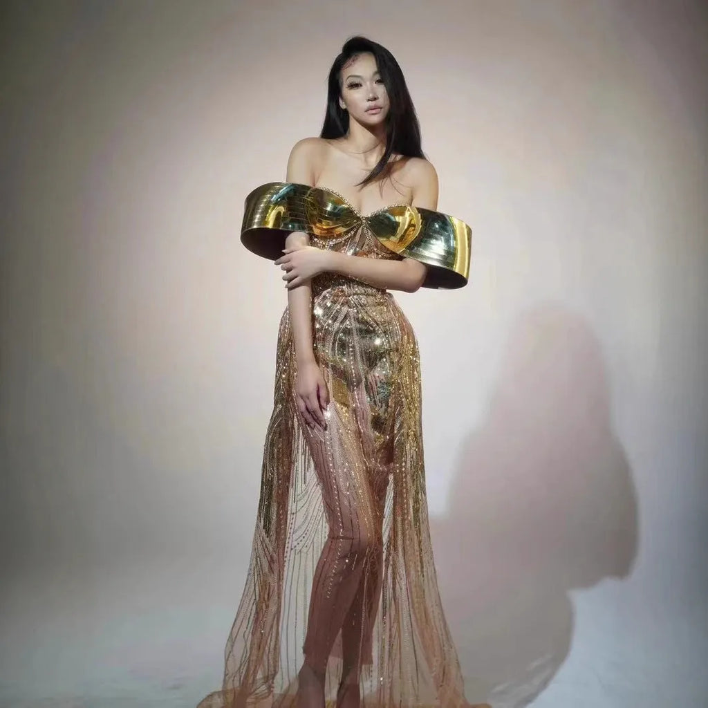 Gold strapless sequin dress with split skirt and tube top for women's formal occasions