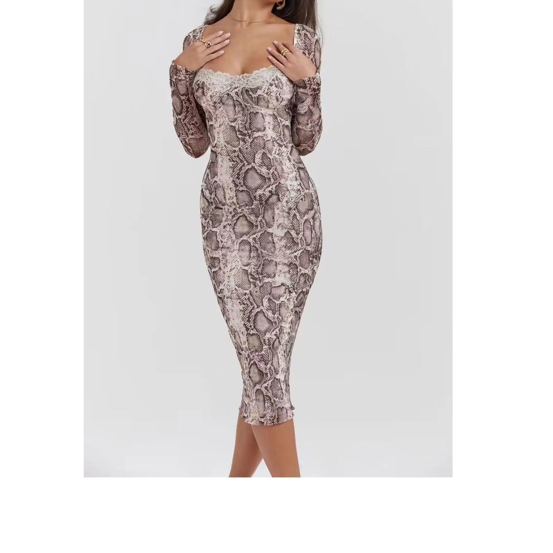 Grey women's slim fit lace dress with long sleeves and A-line skirt showing digital 3D printed pattern.