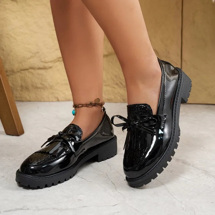 Women's brown and black bow loafers in artificial PU leather for spring and autumn seasons