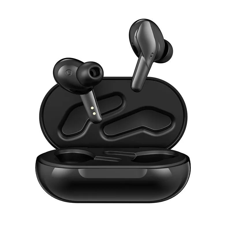 Binaural Bluetooth V5.0 in-ear headphones in black with charging compartment and food-grade silicone ear caps