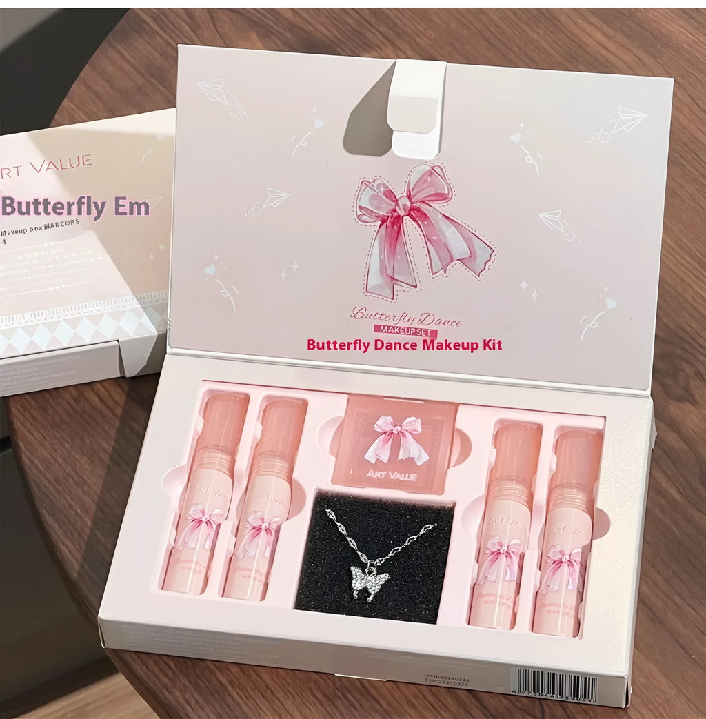 Butterfly Box makeup set with four lip muds, pink blusher, and matching necklace