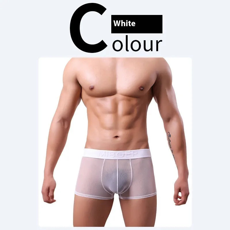 Men's thin invisible boxer shorts in black, white, sapphire blue, skin colour, green, and pink colours
