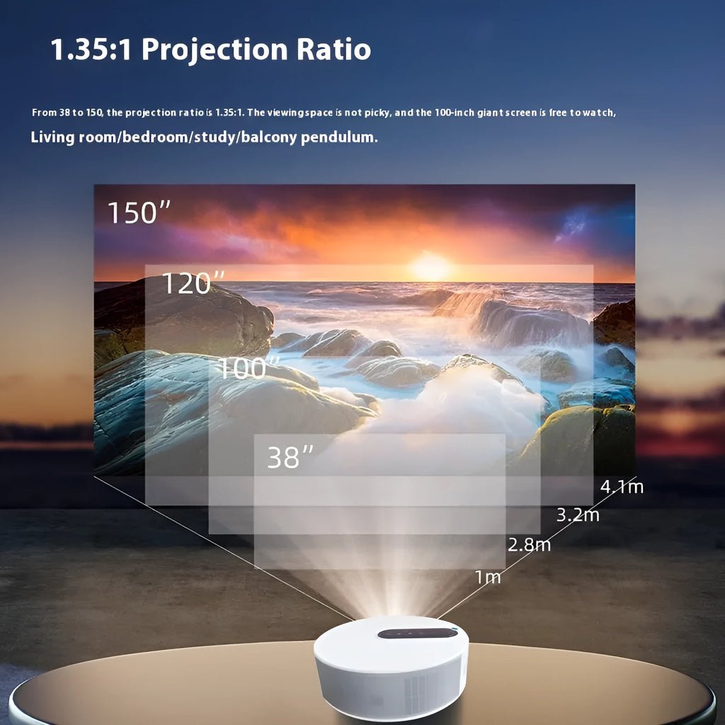 White HD 720p home theatre projector with remote control on a table