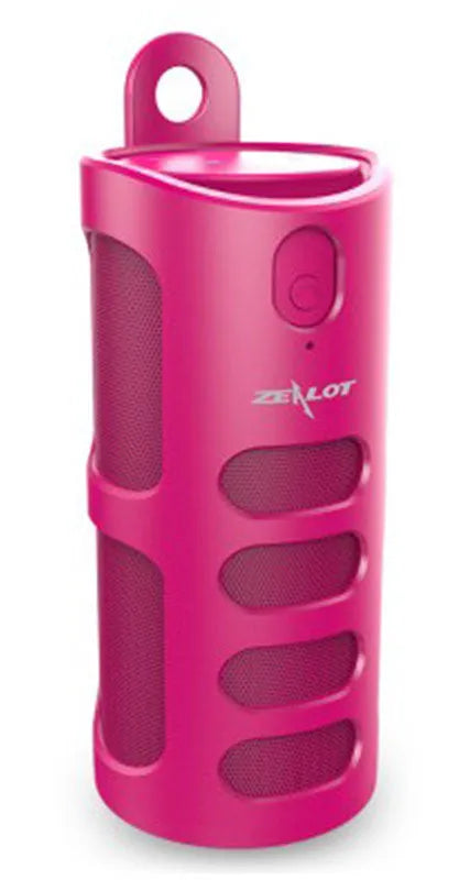 Black wireless Bluetooth speaker showing dimensions and call control buttons.