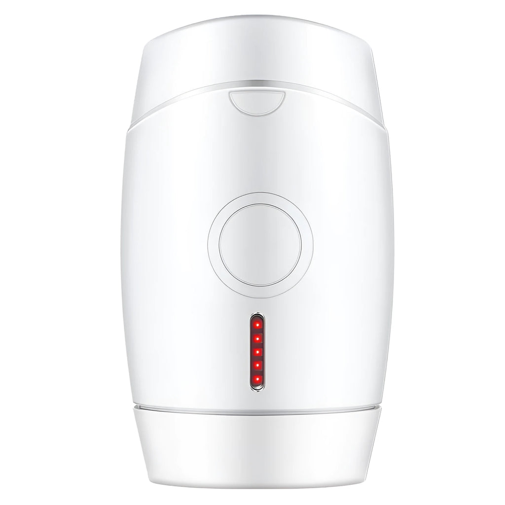 White home laser hair removal instrument with display, shown next to its UK plug and adapter.