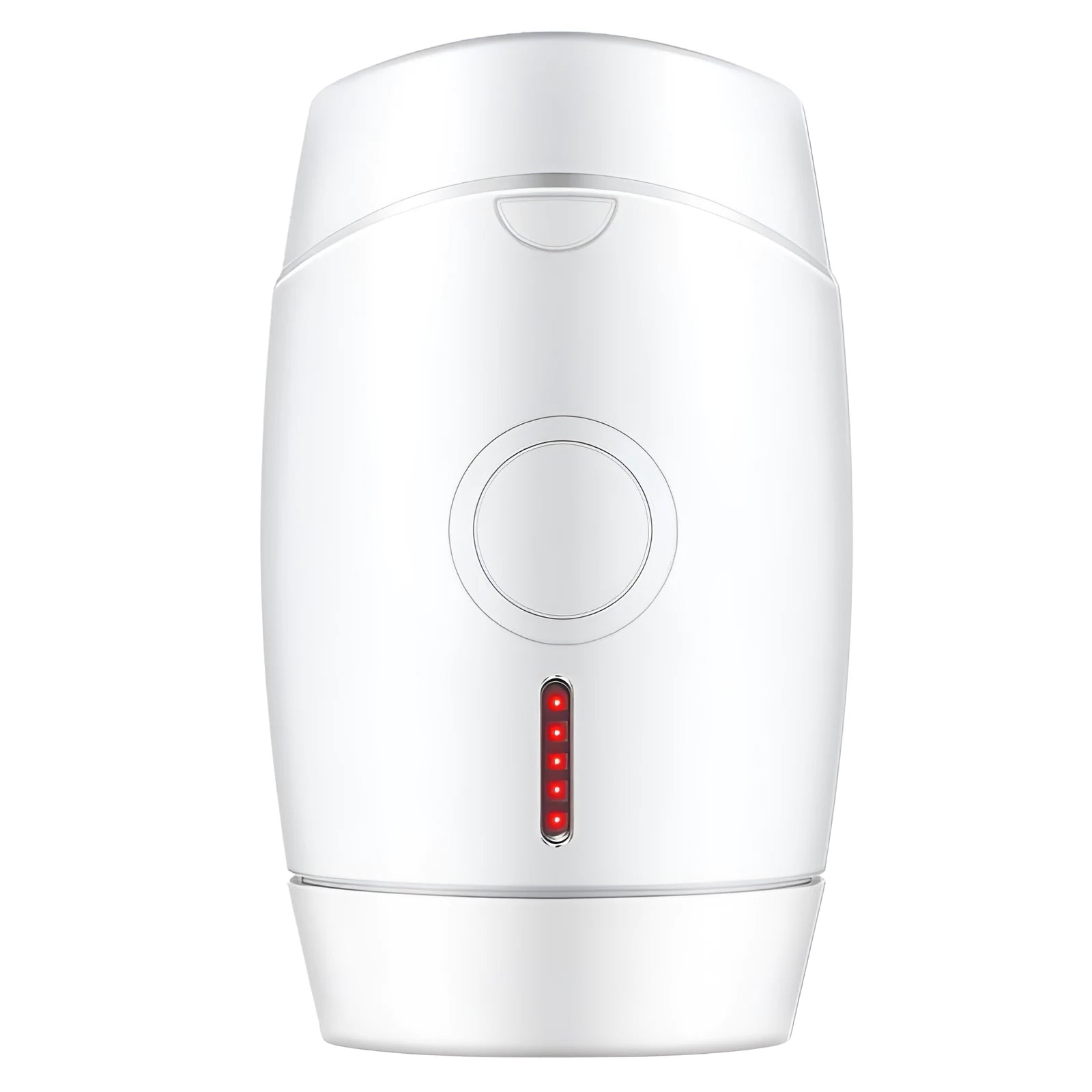 White home laser hair removal instrument with display, shown next to its UK plug and adapter.