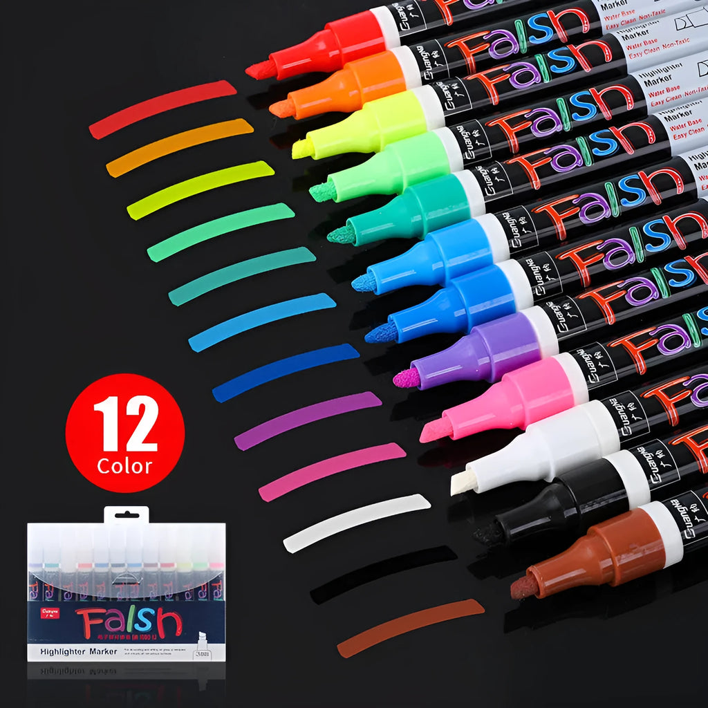 Electronic fluorescent board highlighter pen with plastic shell and oblique 6mm tip, shown with 8-colour refill set.