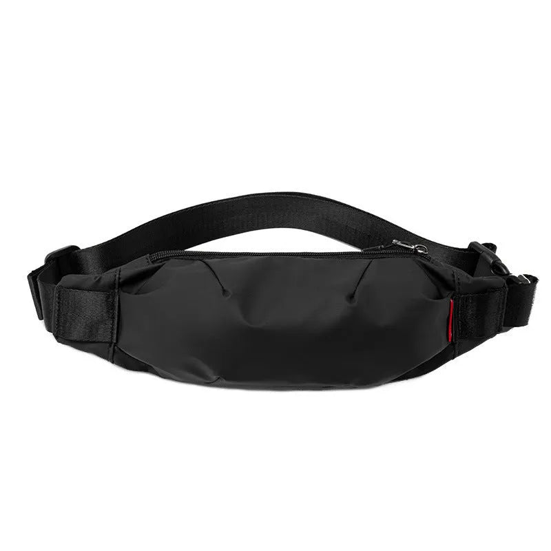 Black Oxford cloth waist pack with crossbody strap showing multiple interior compartments