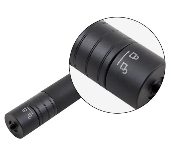 Black retractable aluminium selfie stick fully extended to 180cm with a smartphone attached.