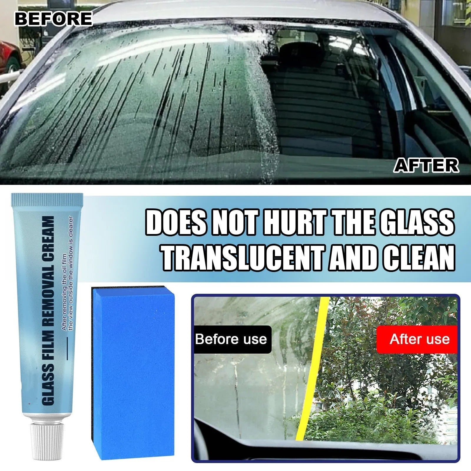 Blue car glass oil film remover with soft sponge applicator for windshield cleaning