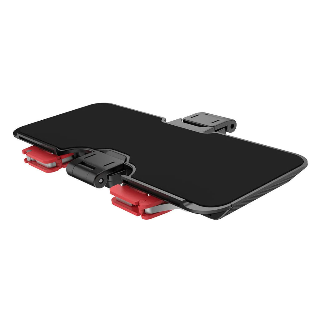 Black mobile phone gaming trigger handle bracket with pull-out concealed trigger and adjustable telescopic phone clip.