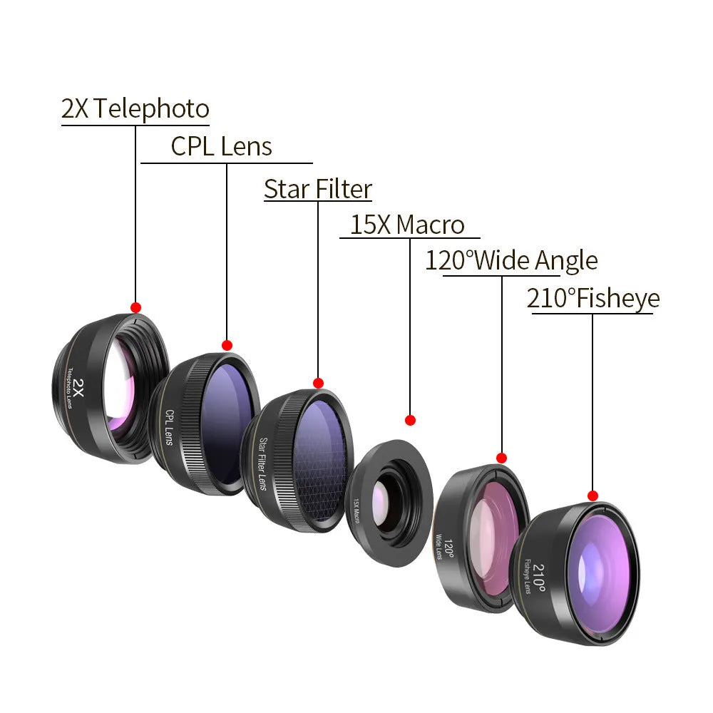 Black 6-in-1 smartphone camera lens kit with universal clip attachment showing fisheye, macro, wide-angle and telephoto lenses