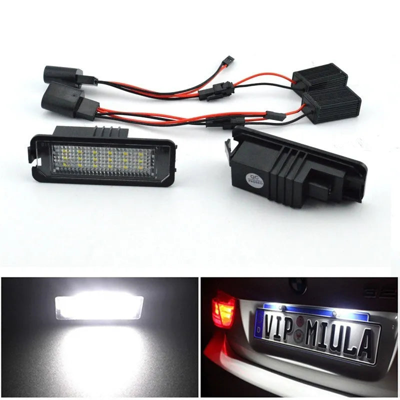 Volkswagen LED license plate light unit showing 24 SMD 3528 chips for Golf, Polo models.