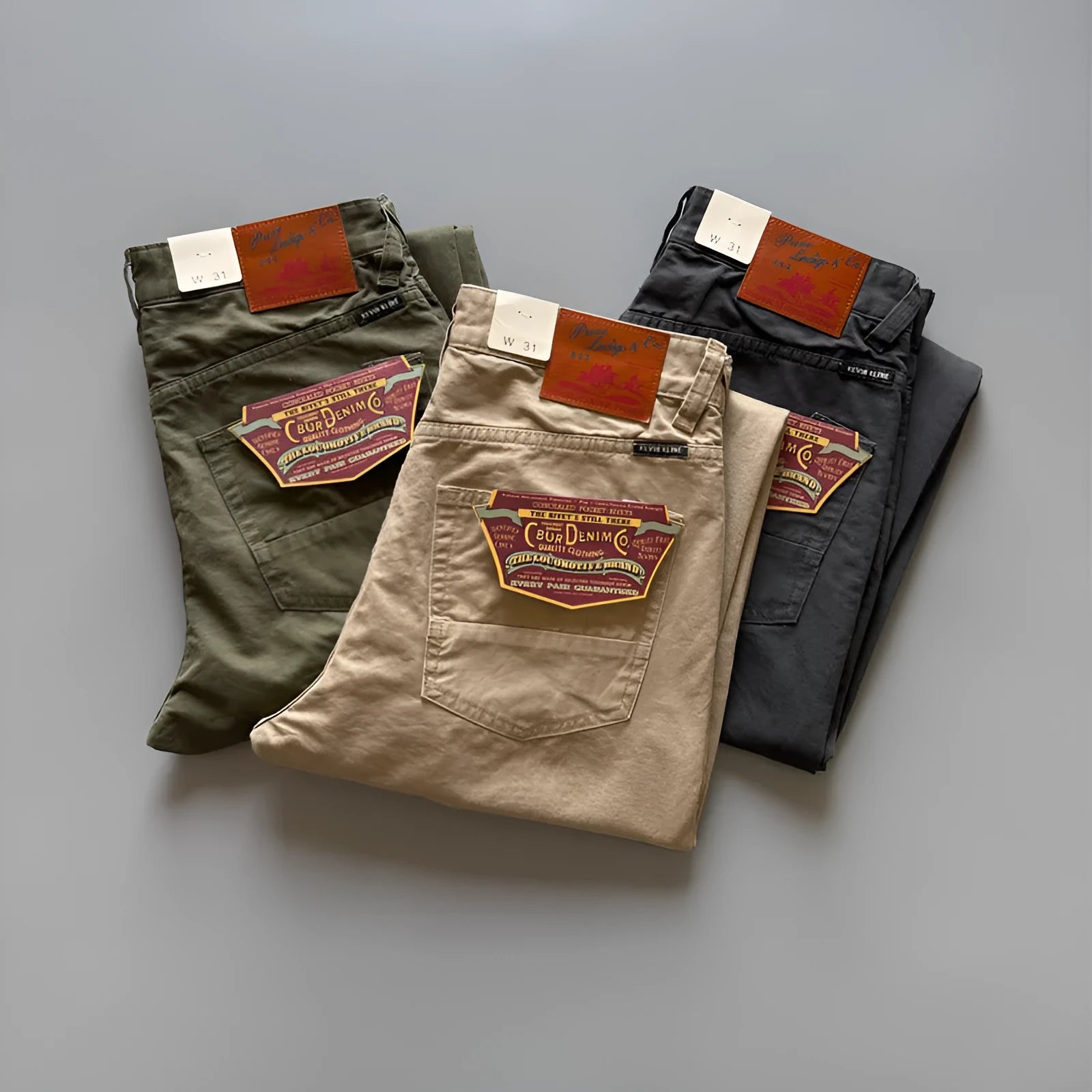 Men's straight leg casual cotton trousers in grey, army green, and khaki colours on a mid waist.