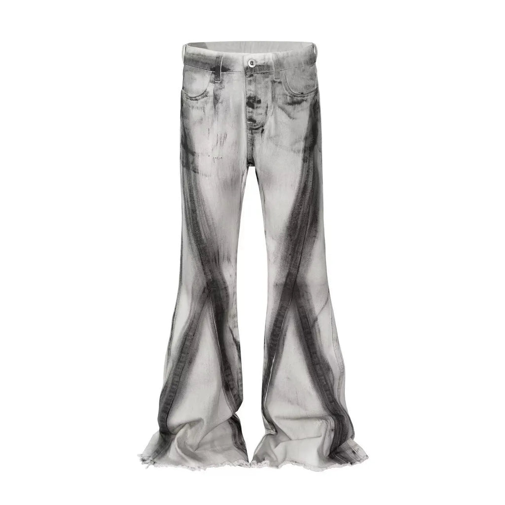 Men's white retro jeans with heavy rough denim texture and black ribbon gradient colour detail on the legs.