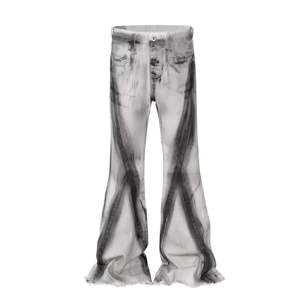 Men's white retro jeans with heavy rough denim texture and black ribbon gradient colour detail on the legs.