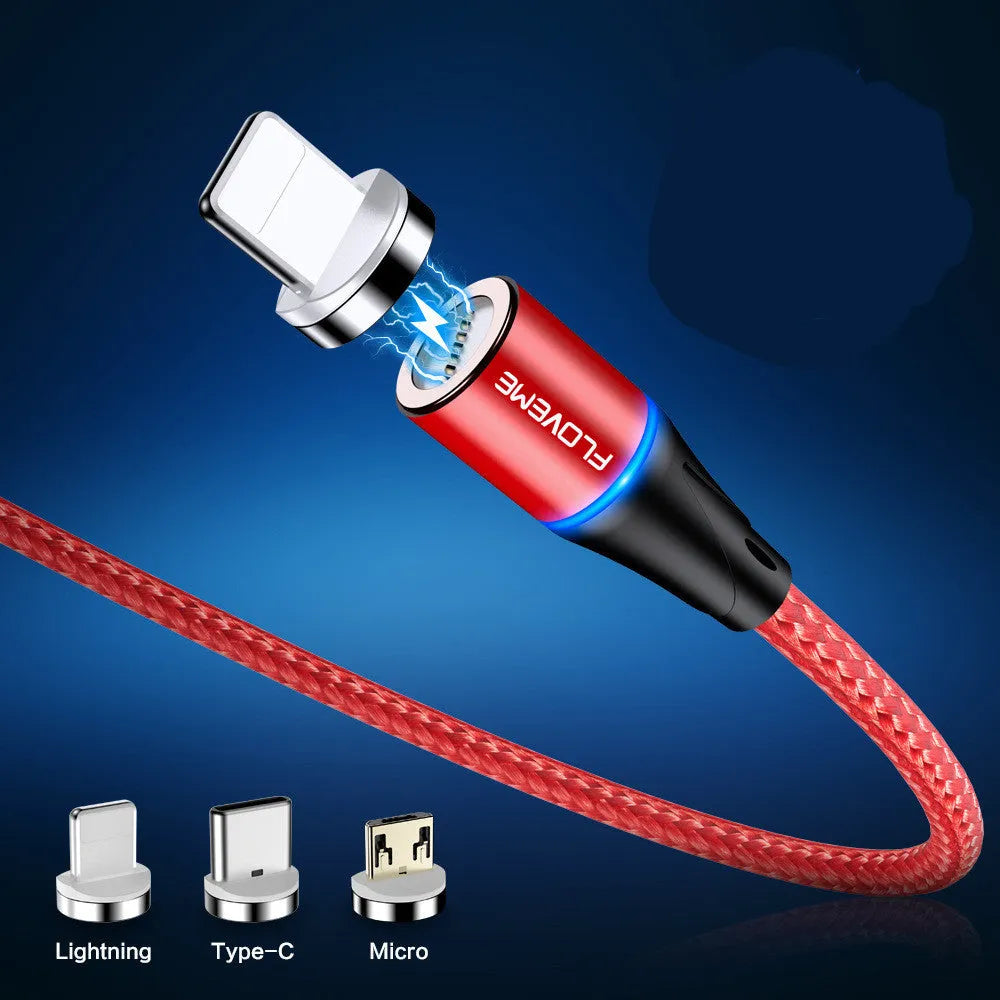 Magnetic smartphone charging cable with LED light indicator in black, available in 1m and 2m lengths