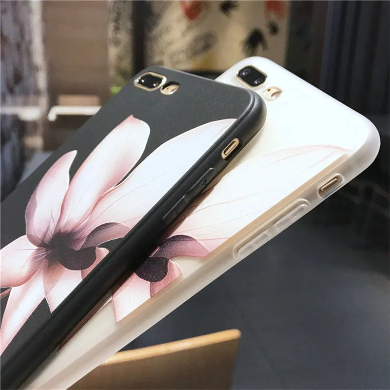 Embossed floral pattern TPU back cover case for iPhone in black and white.