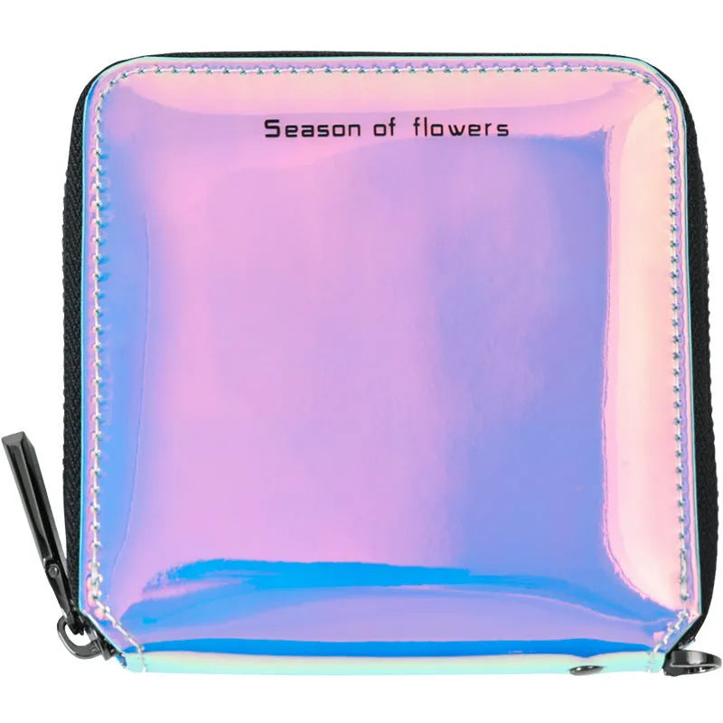 Women's short folding wallet in glitter, blue, or green measuring 11cm square with 2.5cm thickness