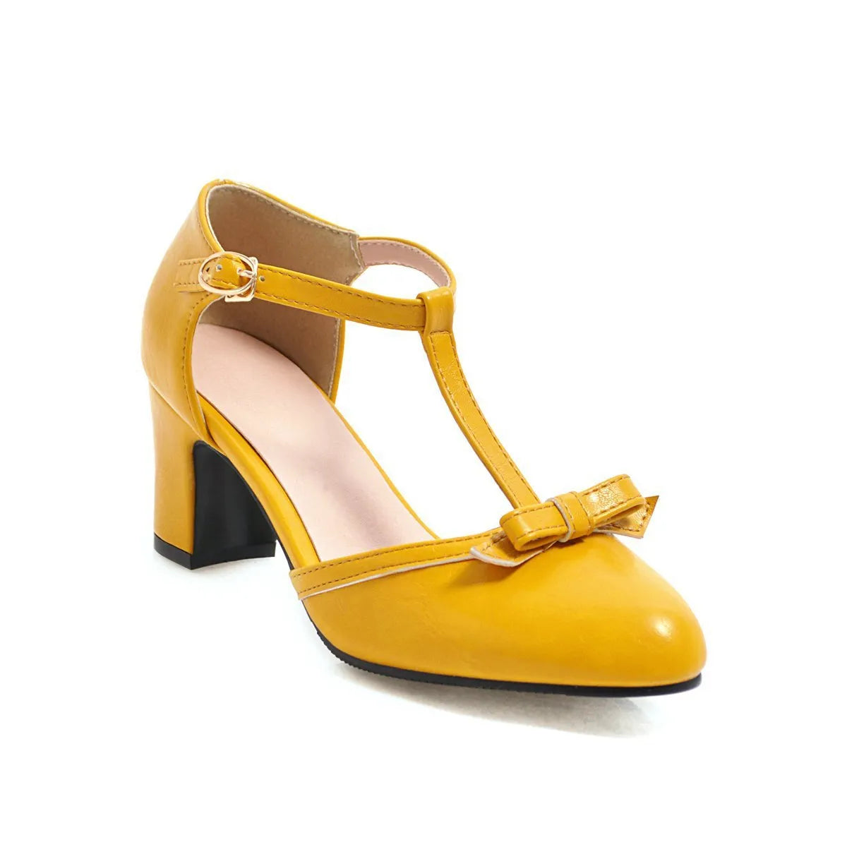 Women's apricot chunky heel sandals with a bow detail and hollow-out sides on a white background.