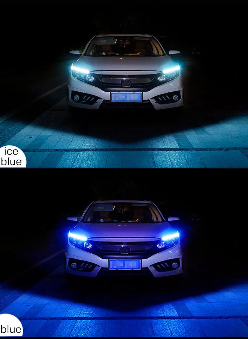 Flexible silicone car LED light strip for daytime running lights and turn signals.