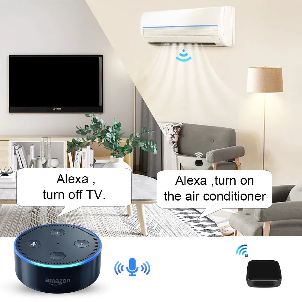 Black universal infrared remote control with voice control and WiFi connectivity for home automation