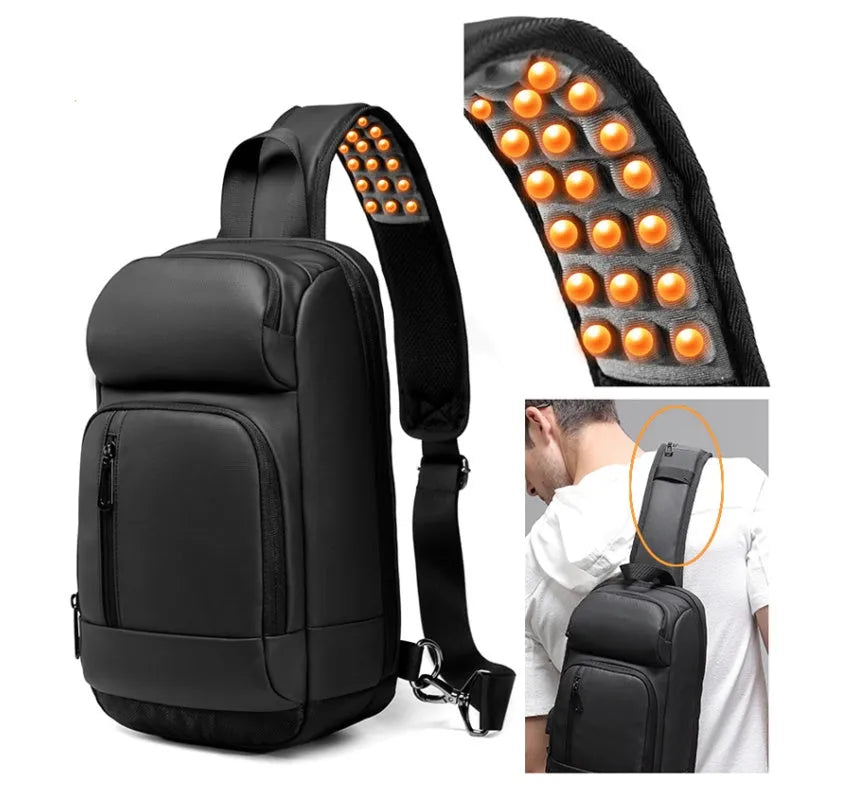 Black medium outdoor shoulder bag showing computer pocket, soft handle, and single air cushion strap.