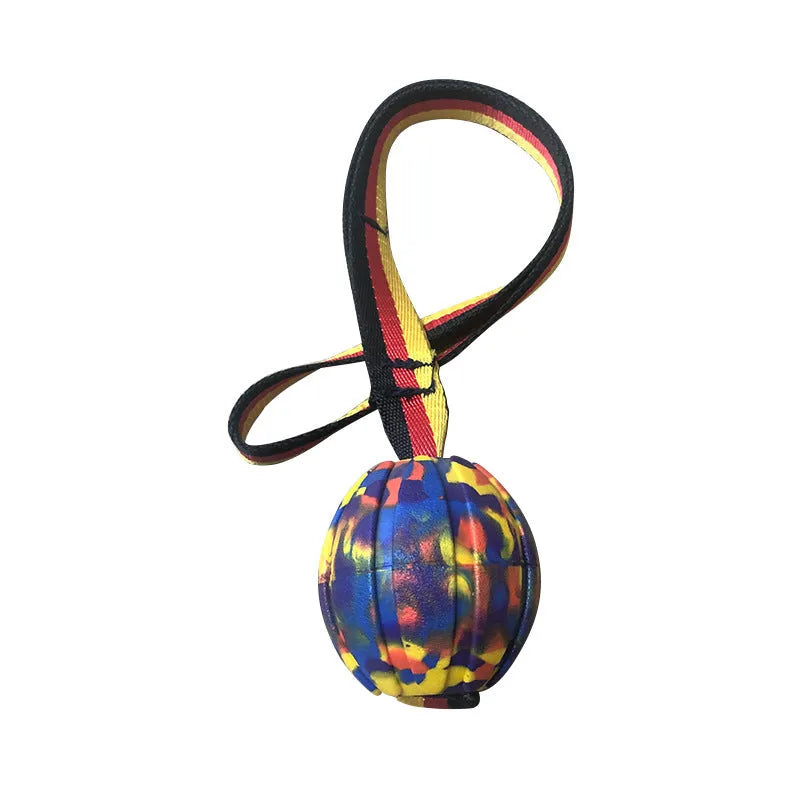 EVA floating dog training ball in camouflage and yellow colours showing three different diameter sizes