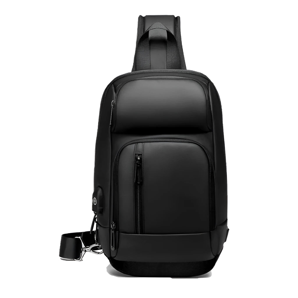 Black medium outdoor shoulder bag showing computer pocket, soft handle, and single air cushion strap.