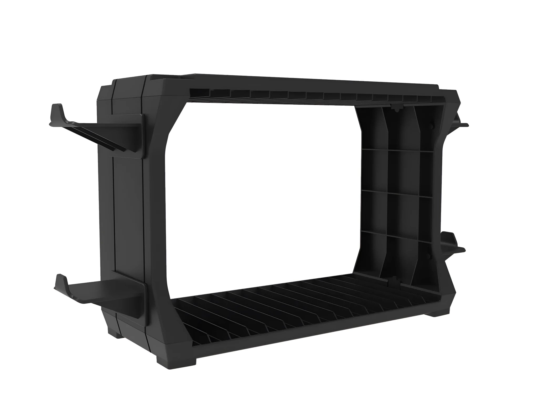 Black ABS plastic PS5 and Xbox Series X disc holder with slots for games and rests for four controllers.