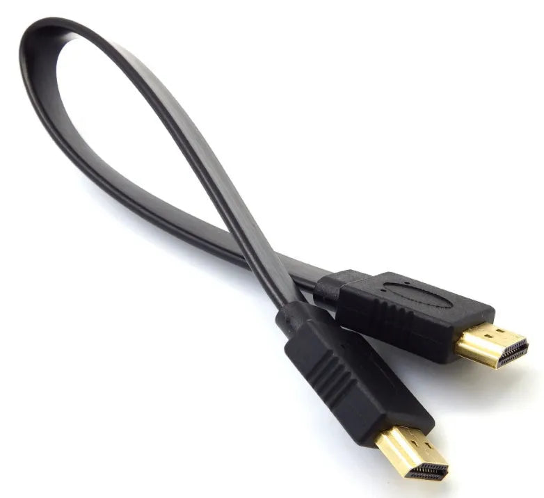 Flat HDMI cable with HDMI connectors showing length options from 0.3 metres to 10 metres