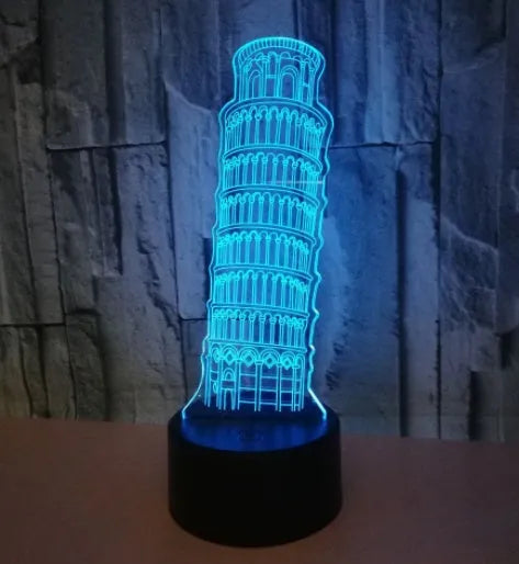 Leaning Tower of Pisa 3D acrylic night light with colour-changing LEDs on a black ABS base.