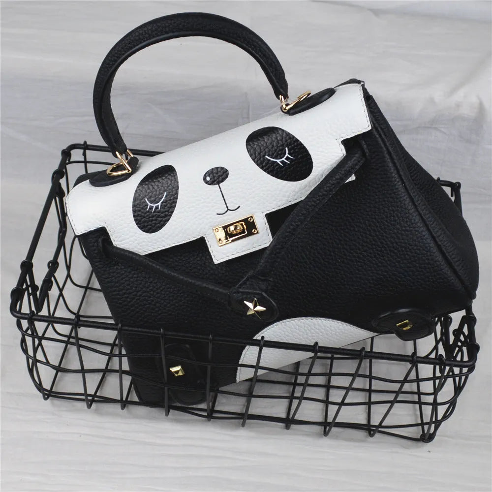 Panda print handbag in genuine cowhide leather with horizontal square shape and sweet lady styling