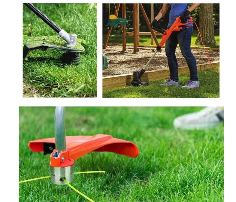 Silver Luzhu aluminium lawn mower grass head accessory with four light yellow trimmer lines and a wrench