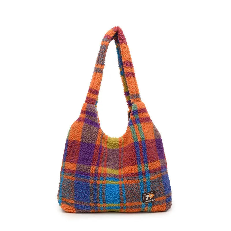 Army Green plush plaid women's crossbody tote bag showing large capacity and shoulder strap.
