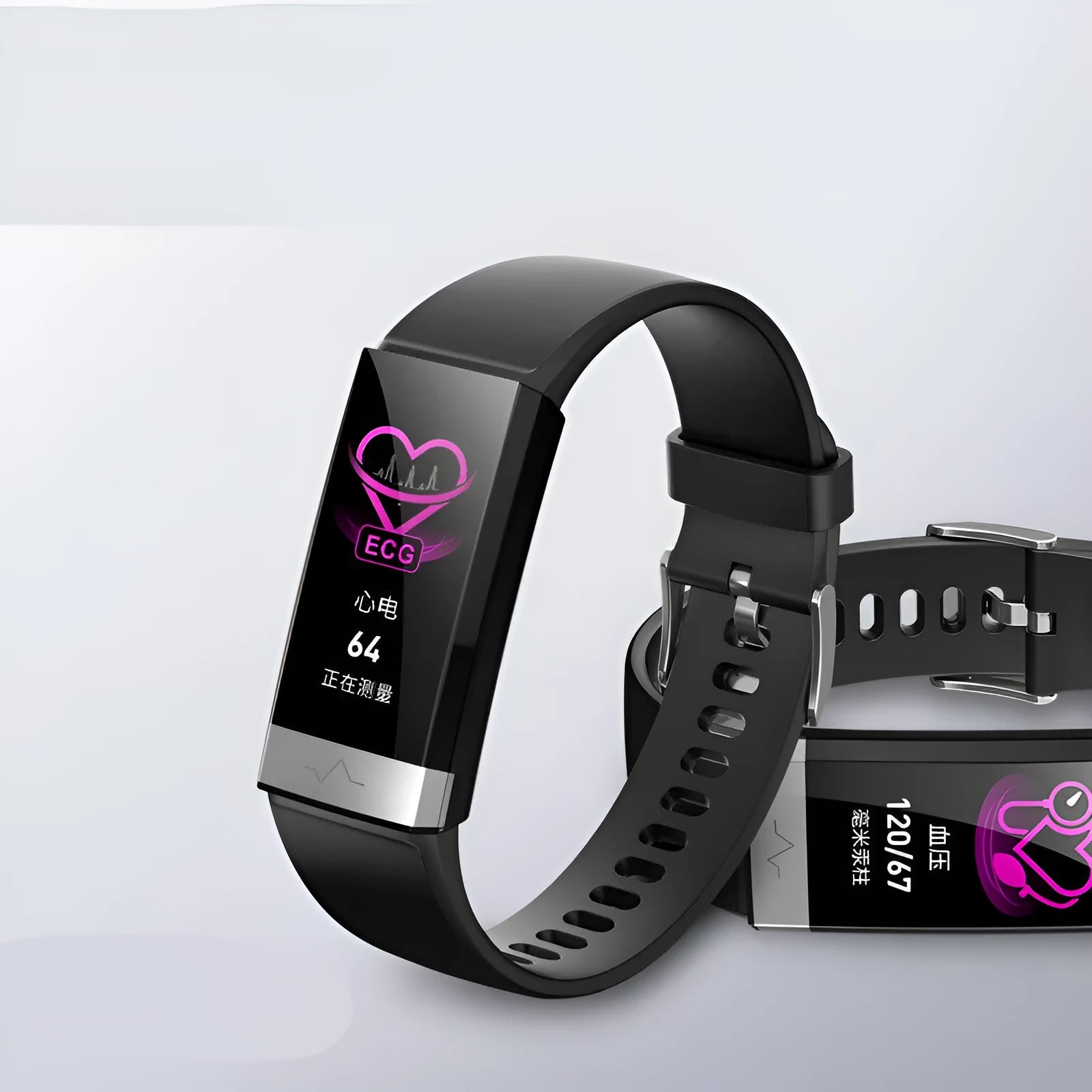 V19 smart bracelet in black, blue, or red on a wrist, showing its colour display with health metrics.