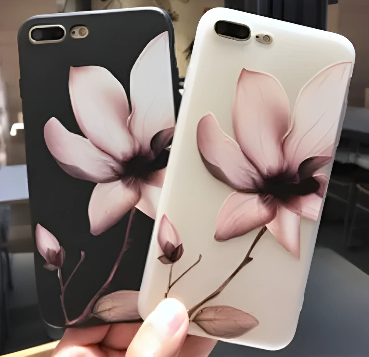 Embossed floral pattern TPU back cover case for iPhone in black and white.