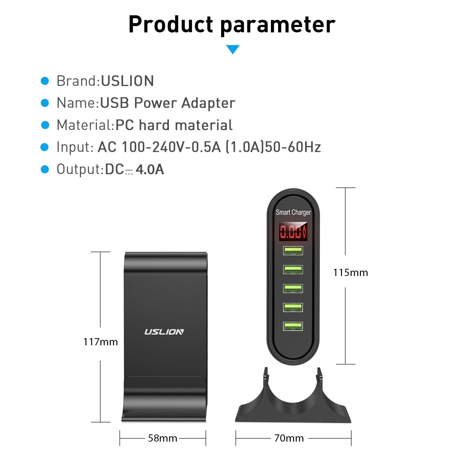 Black and white smart USB wall charger with LED digital display and UK, US, EU plug adapters