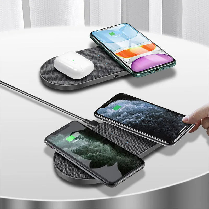 Black wireless charger with two charging pads for simultaneous device charging